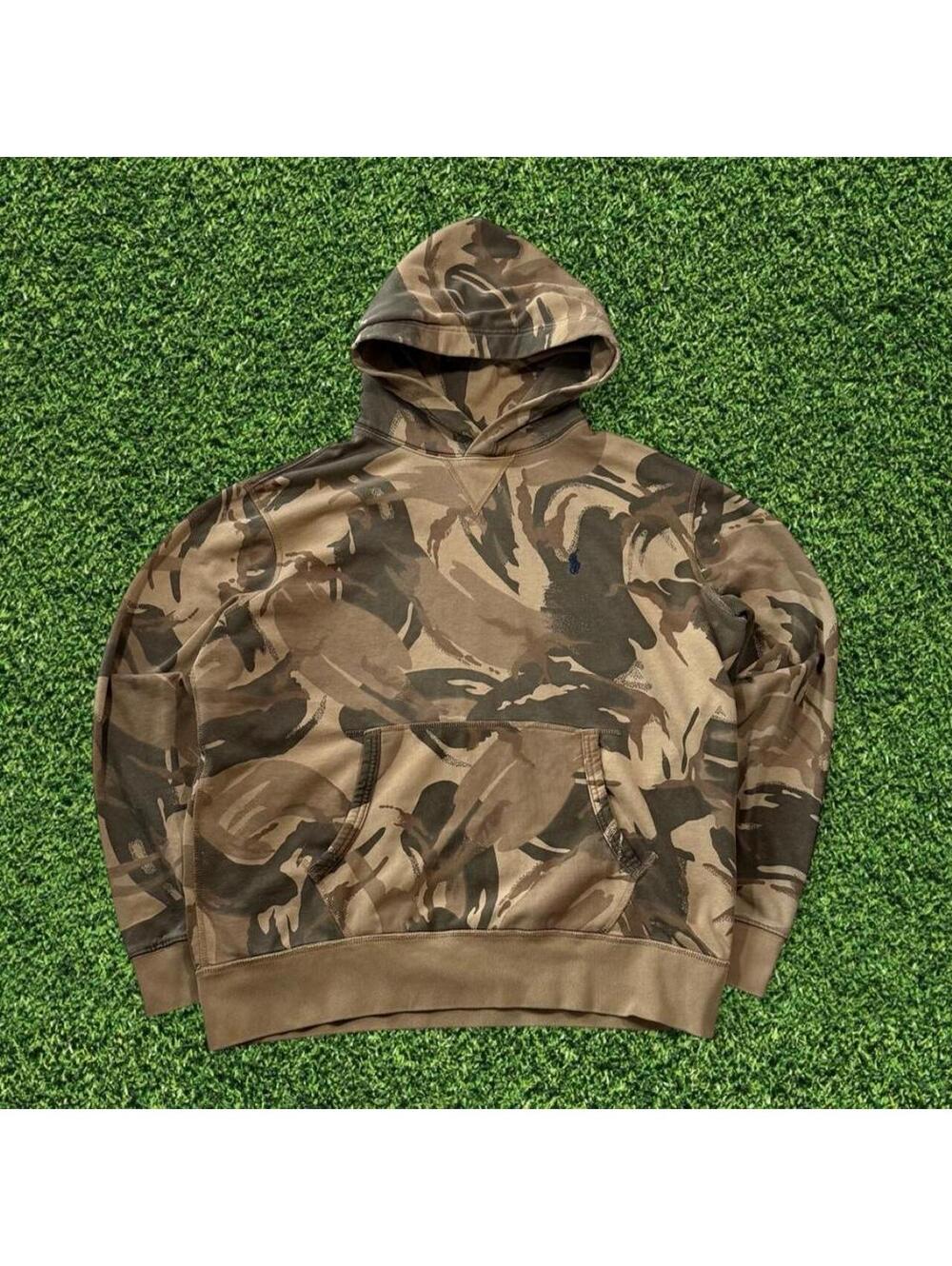 Vintage Polo Ralph Lauren Camo Hoodie Khaki Multi Blue Logo